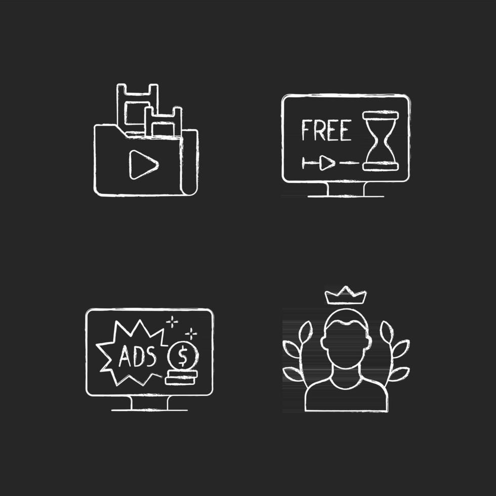 Streaming services chalk white icons set on black background vector