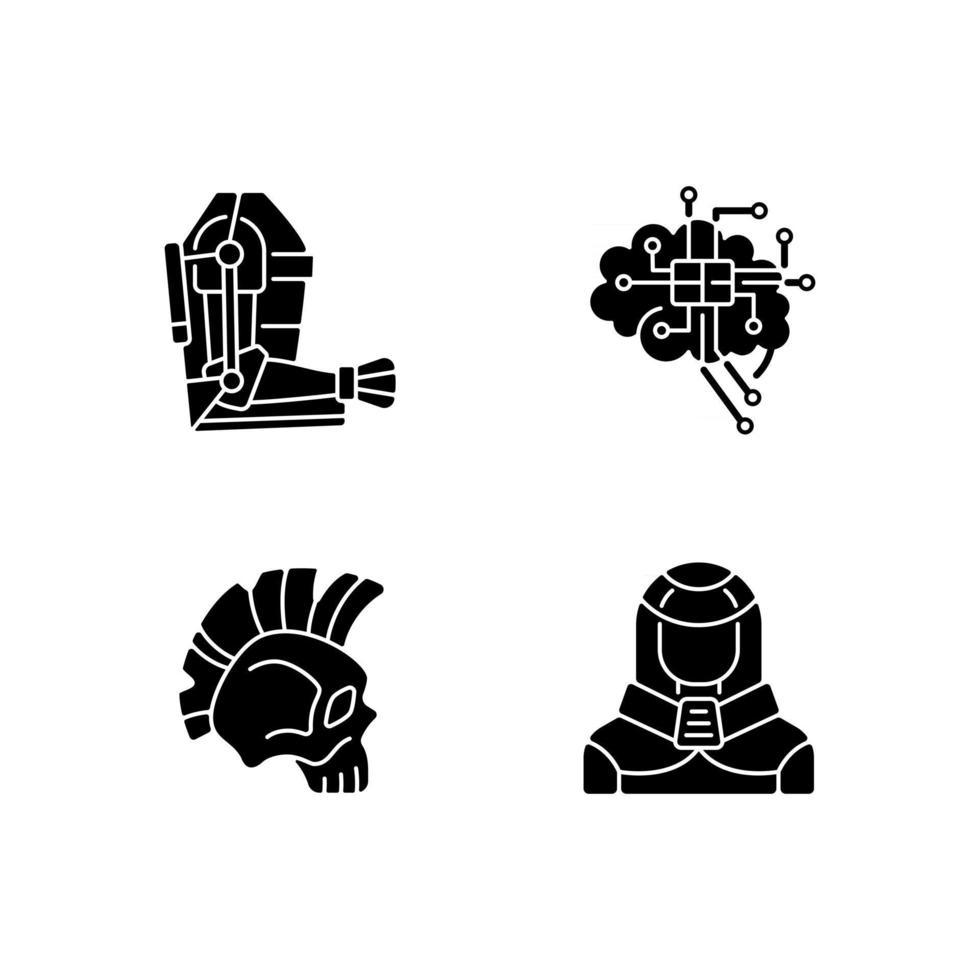 Cyberpunk augmentations black glyph icons set on white space vector