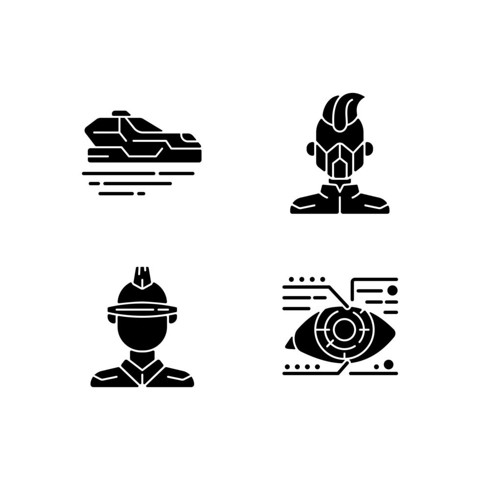 Sci fi and cyberpunk black glyph icons set on white space vector