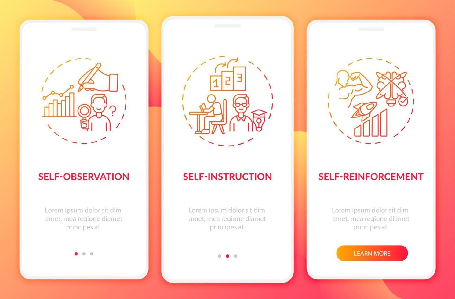 Self control techniques red onboarding mobile app page screen with concepts vector