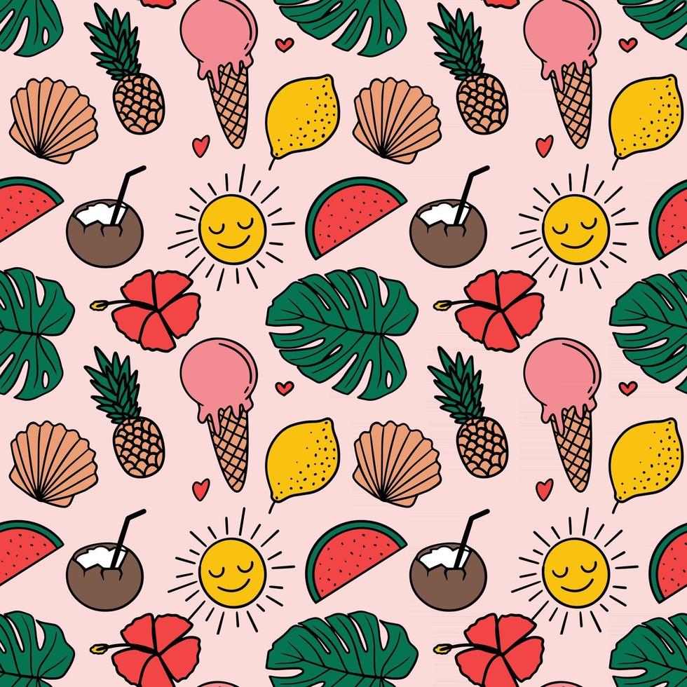 Summer tropical seamless pattern in doodle simple style with Fruits Ice cream Sun and Leaves vector