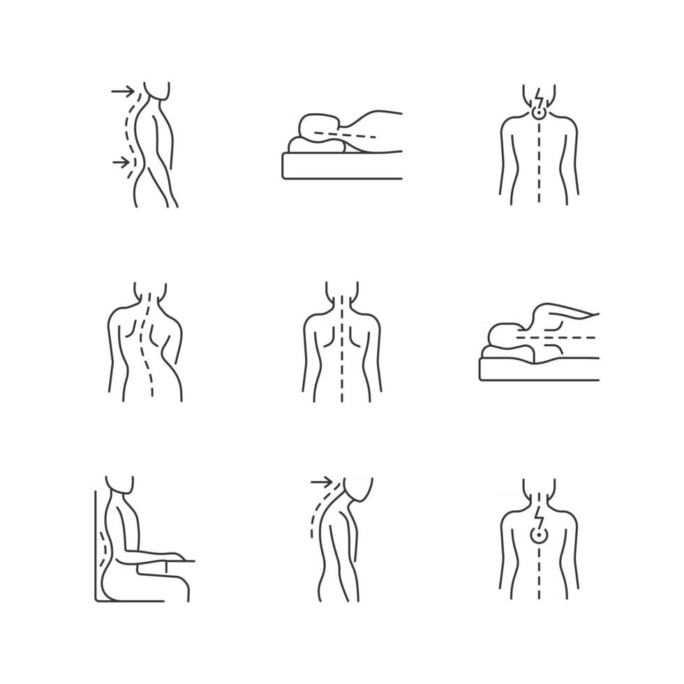 Conjunto de iconos lineales de problemas de espalda y postura vector