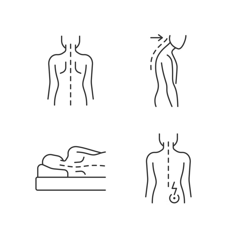 Poor posture problems linear icons set vector