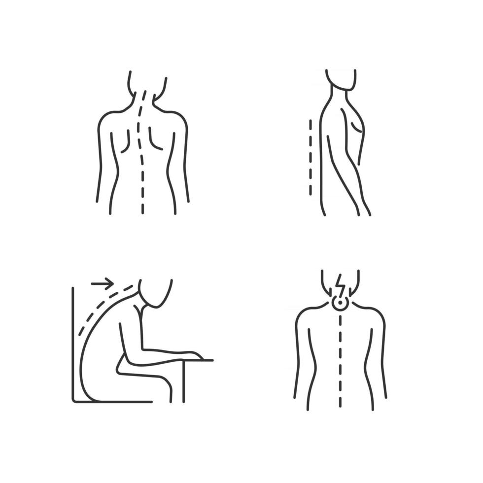 Bad posture problems linear icons set vector