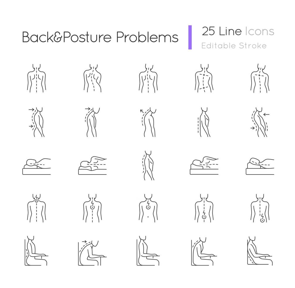 Back and posture problems linear icons set vector