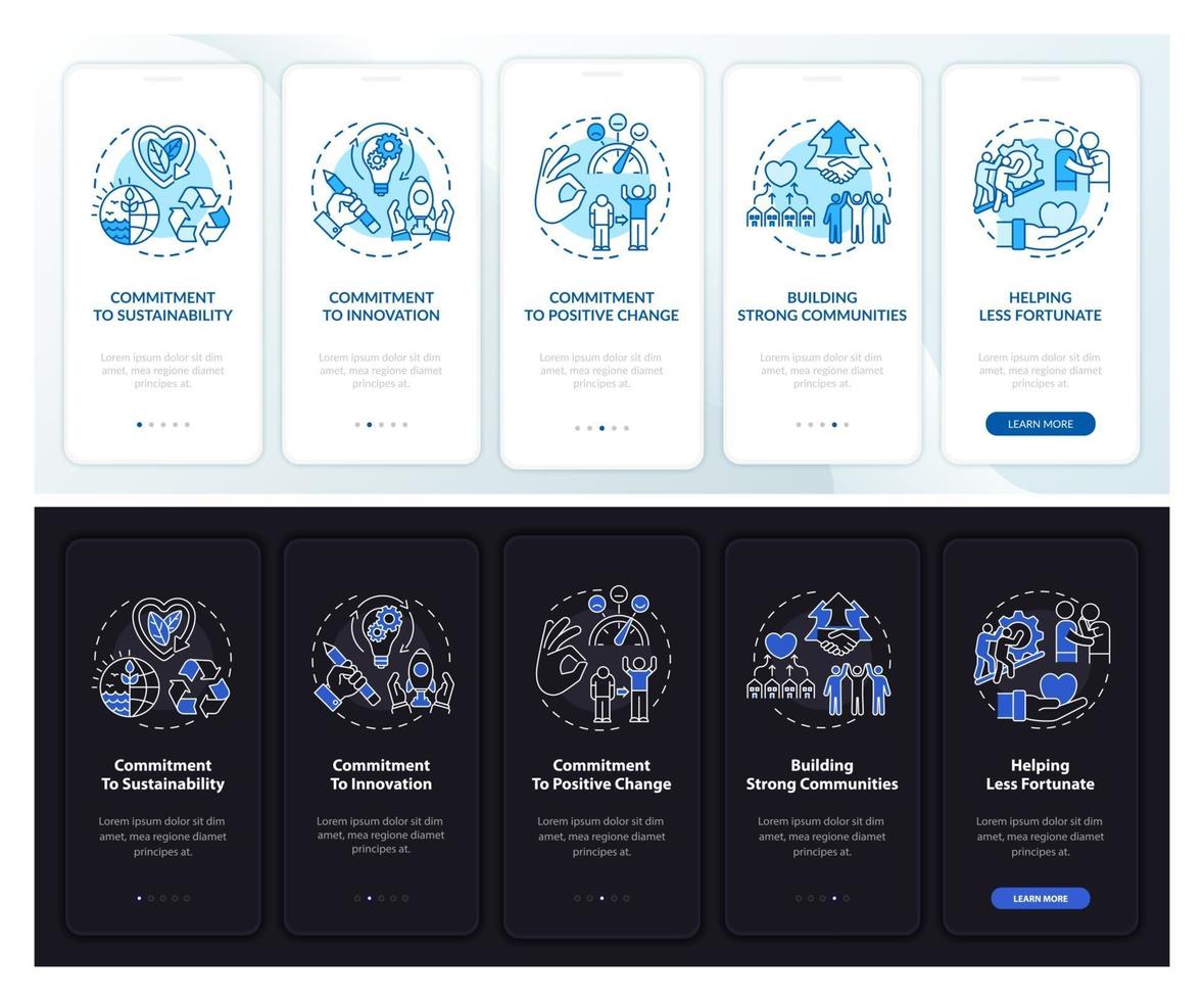 Company core ideals onboarding mobile app page screen with concepts vector