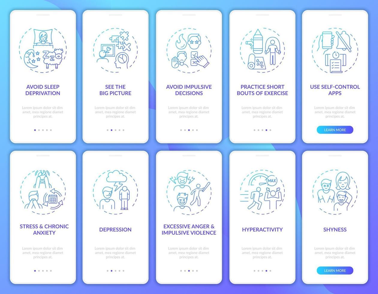 Self control navy onboarding mobile app page screen with concepts set vector