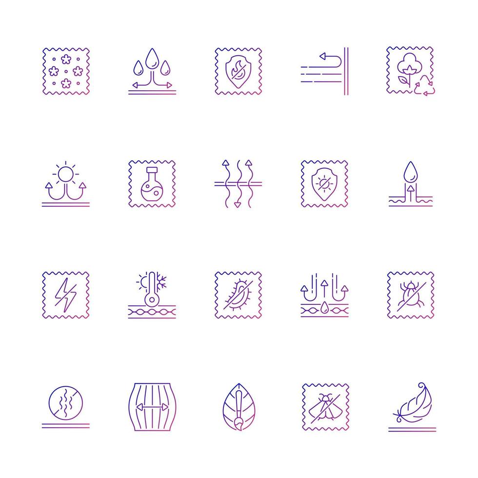 Different types of fabric feature gradient linear vector icons set