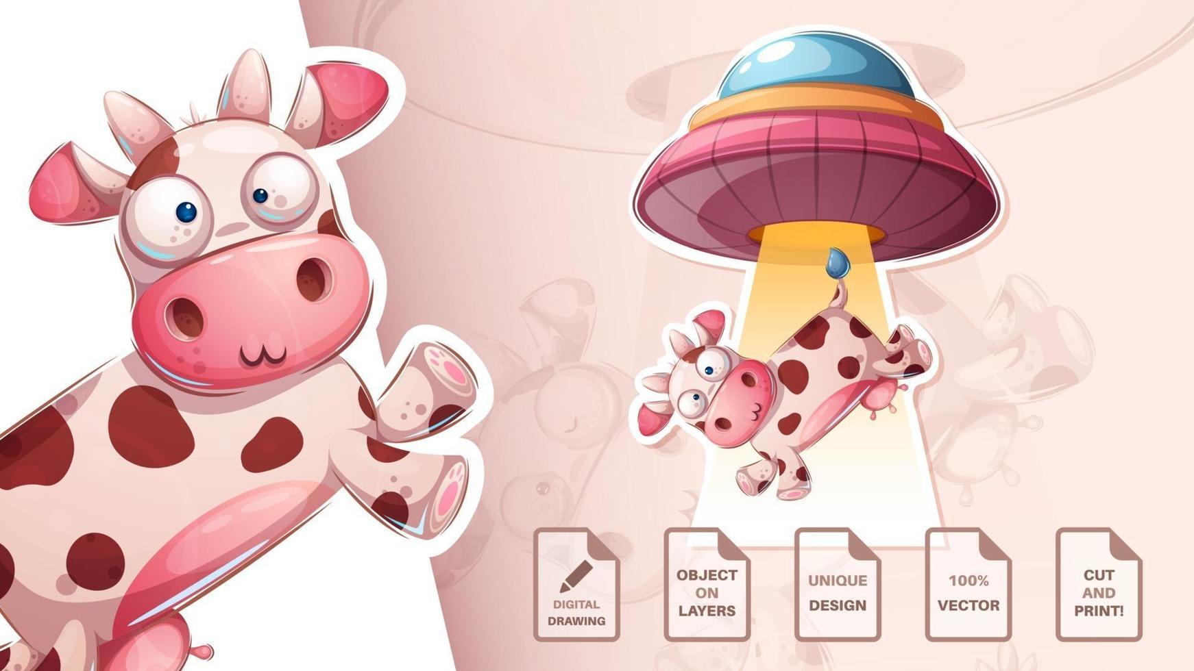 UFO cow cute sticker vector