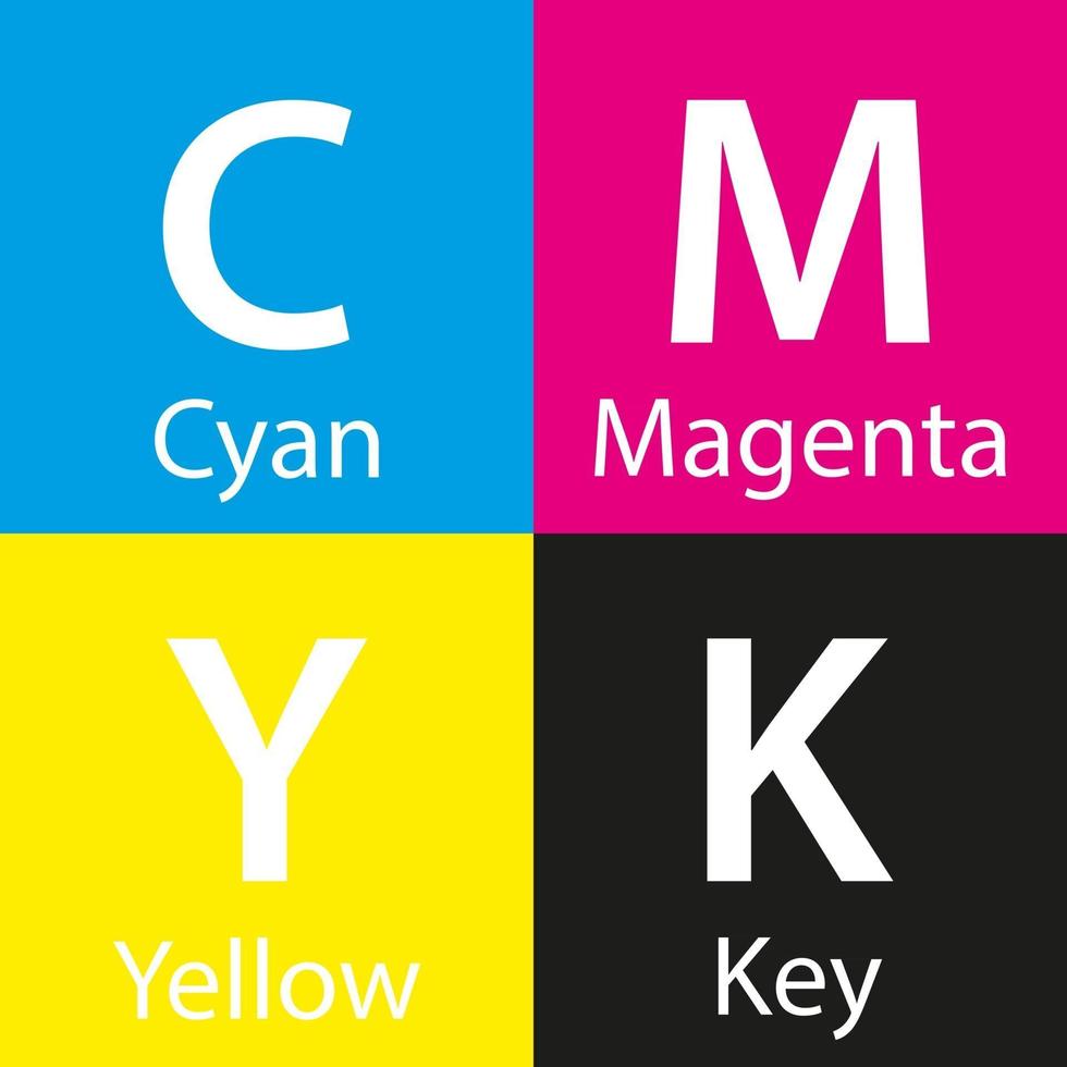 Simple vector cmyk color sample with color name background with cyan magenta yellow and key