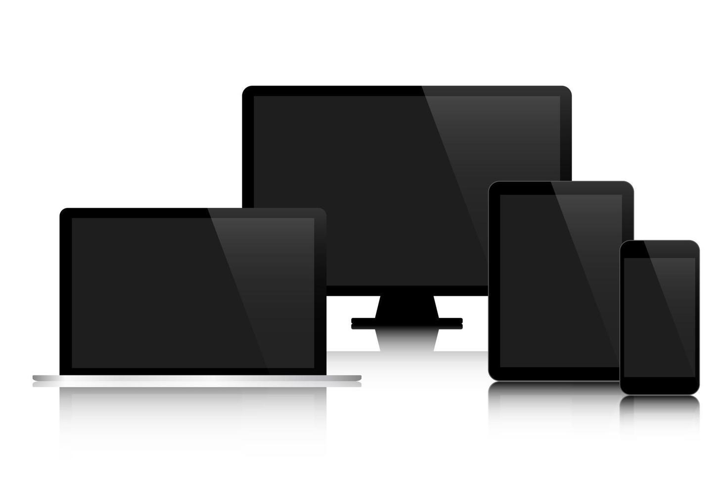 Conjunto de dispositivos de tecnología digital moderna con pantalla en negro aislado sobre fondo blanco, concepto de negocio para su computadora infográfica, teléfono inteligente, tableta, computadora portátil vector