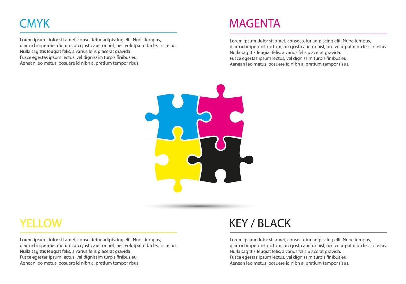 Concepto de negocio de infografía de rompecabezas con colores CMYK cuatro piezas de rompecabezas conectadas entre sí, ilustración vectorial simple y moderna vector