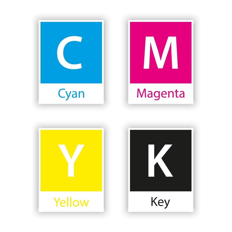 Muestra separada en color cmyk con nombre de color aislado sobre fondo blanco cian magenta amarillo negro clave vector