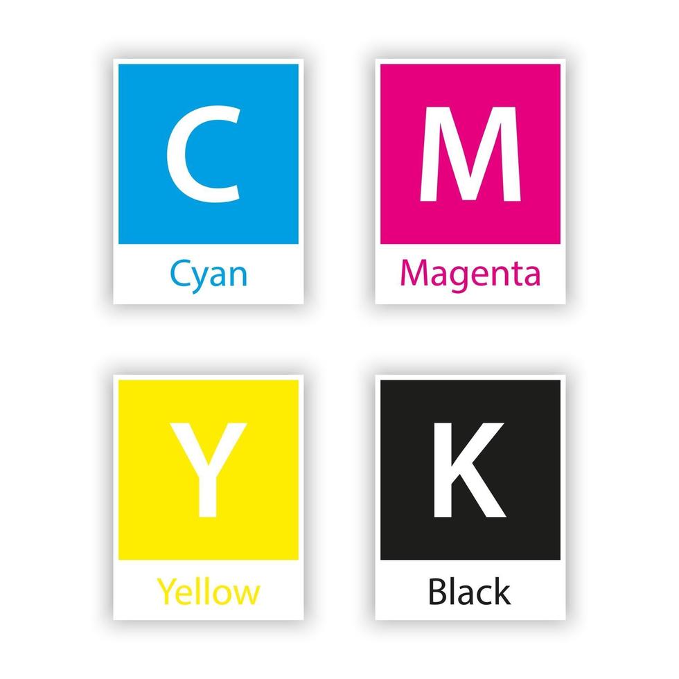 Separate swatch in cmyk color with color name isolated on white background cyan magenta yellow black key vector