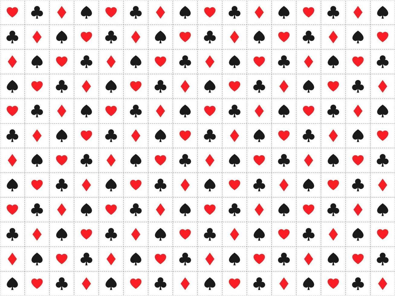 Playing card signs seamless pattern casino background with dashedlines hearts clubs diamonds and spades vector icons and symbols