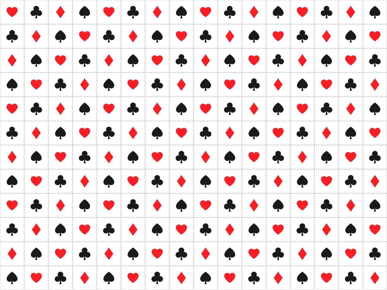 Playing card signs seamless pattern casino background with dashedlines hearts clubs diamonds and spades vector icons and symbols