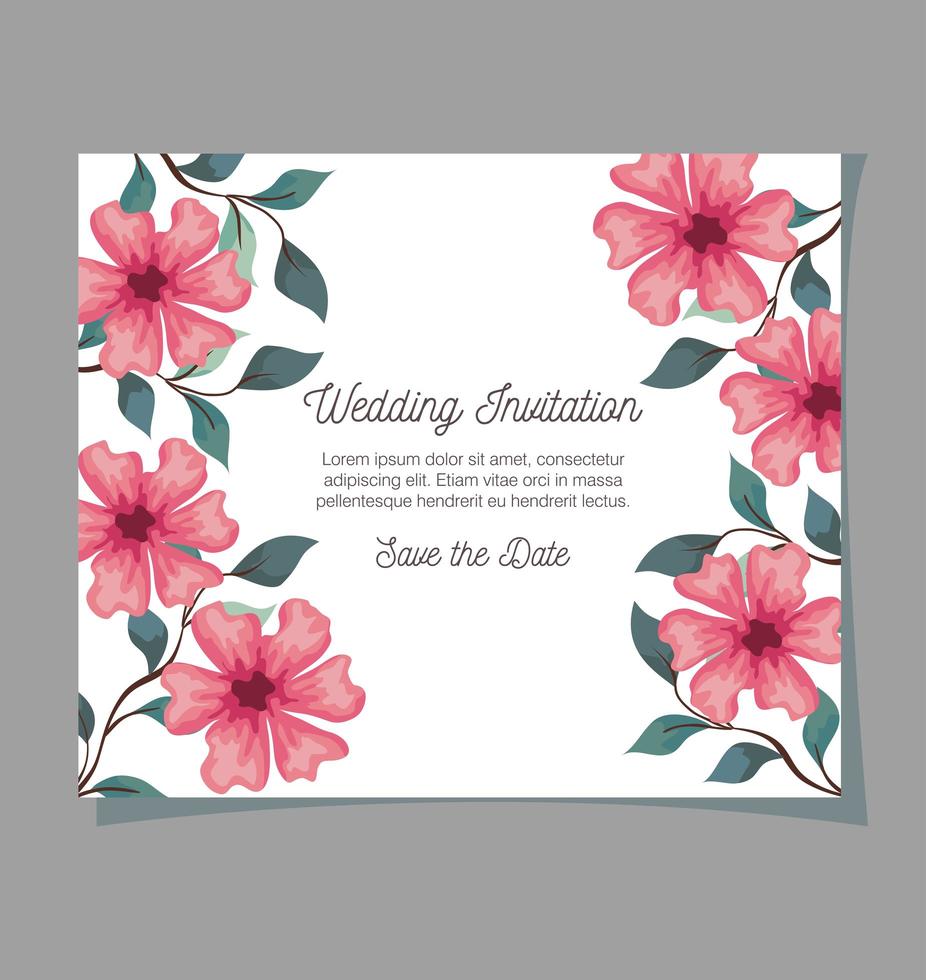 tarjeta de felicitación con flores color morado y rosa invitación de boda con flores color morado y rosa con decoración de ramas y hojas vector