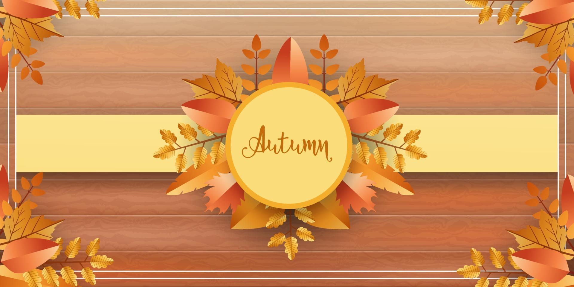 Wooden background with autumn leaves vector