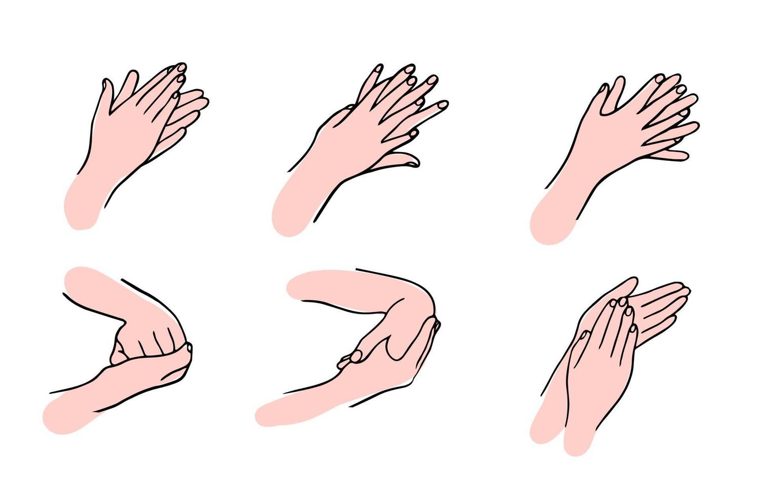 How to clean your hands properly. Rules for Disinfection and hand washing. The hygienic and medical treatment of an infection. Hand-drawn vector illustration in the Doodle style.