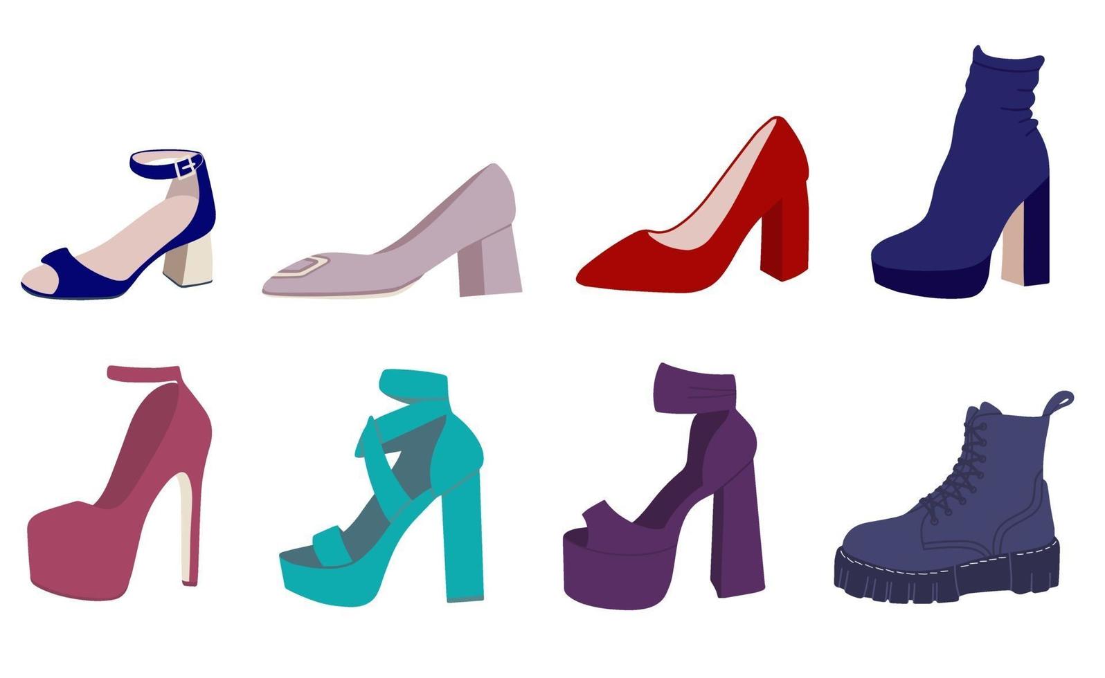 High-heeled shoes set. Flat vector illustration. Womens High-Heeled Shoes