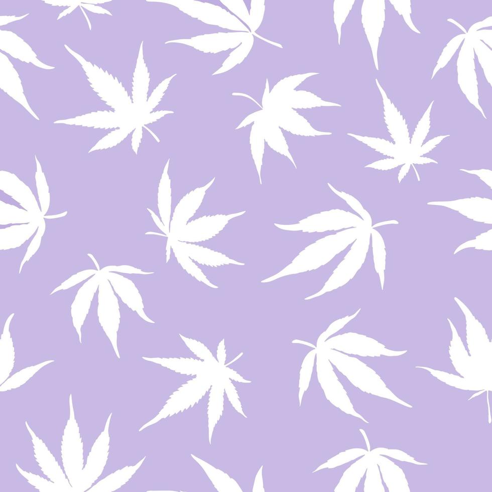 Seamless pattern of white cannabis leaves on a green background. White hemp leaves on a blue background. Vector illustration. Cannabis