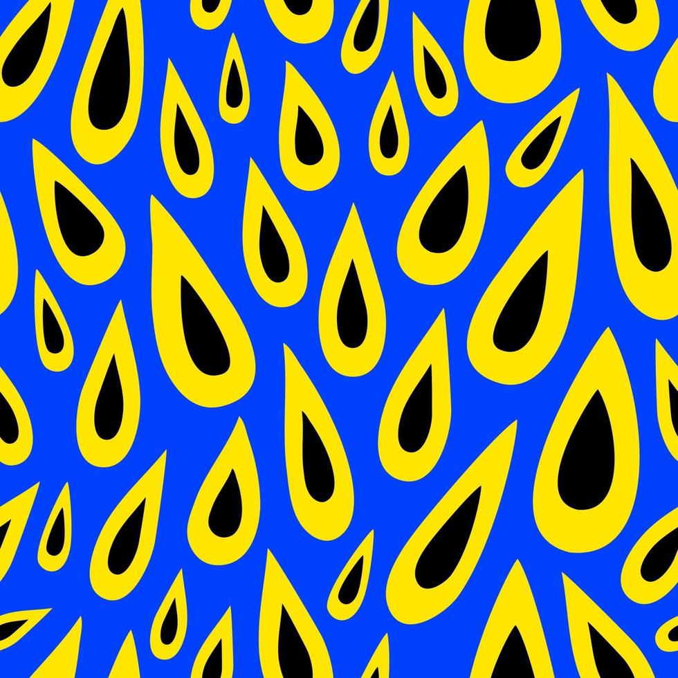 Seamless pattern with yellow-black drops on a blue background. Abstract pattern with drops of various shapes. Vector flat illustration