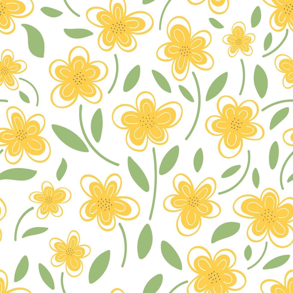 Yellow daisies on a white background are a seamless pattern. Vector illustration in the style of doodle. Design for textiles, postcards, packaging.Botanical pattern.