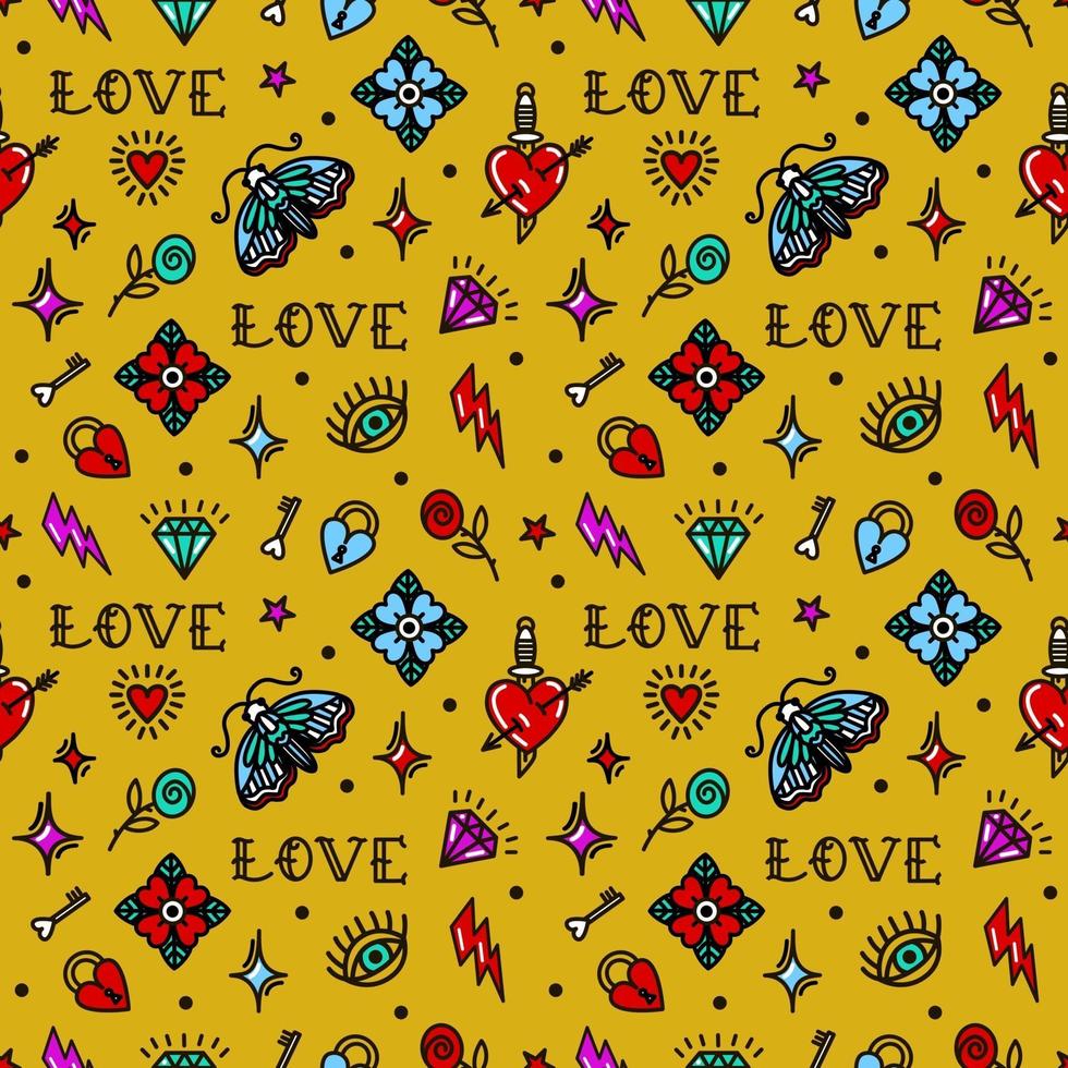 Valentines Day in old school style seamless pattern. Vector illustration. Design For Valentines Day, Stilts, Wrapping Paper, Packaging, Textiles