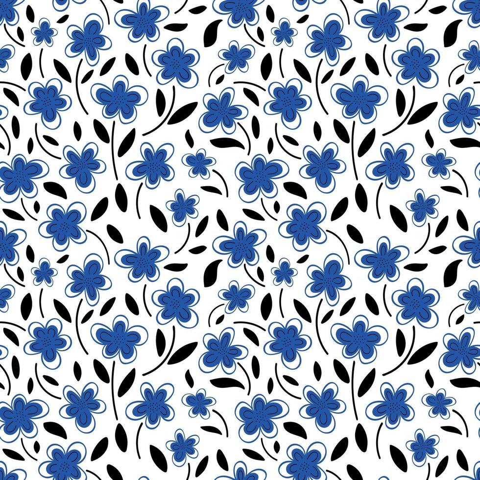 Seamless pattern of Blue chamomile flowers on a white background.Spring pattern. Vector flat illustration