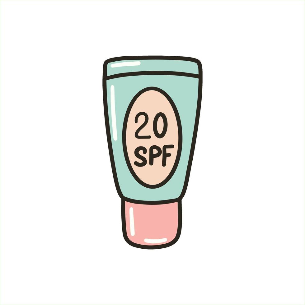 Sunscreen in a tube. Packaging of sunscreen. Suntan product with SPF 20. Vector illustration in doodle style