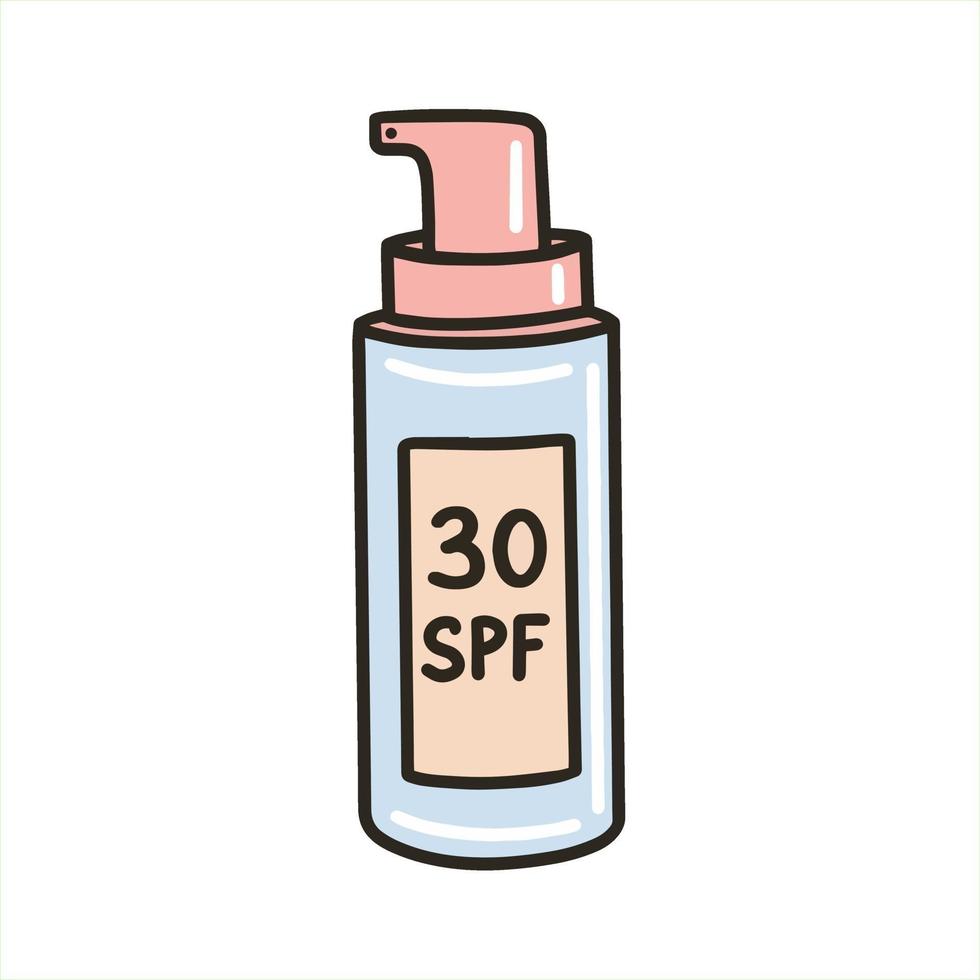 Packaging of SPF 30 sunscreen. Sunscreen for the body. Tanning agent . Vector illustration in the doodle style