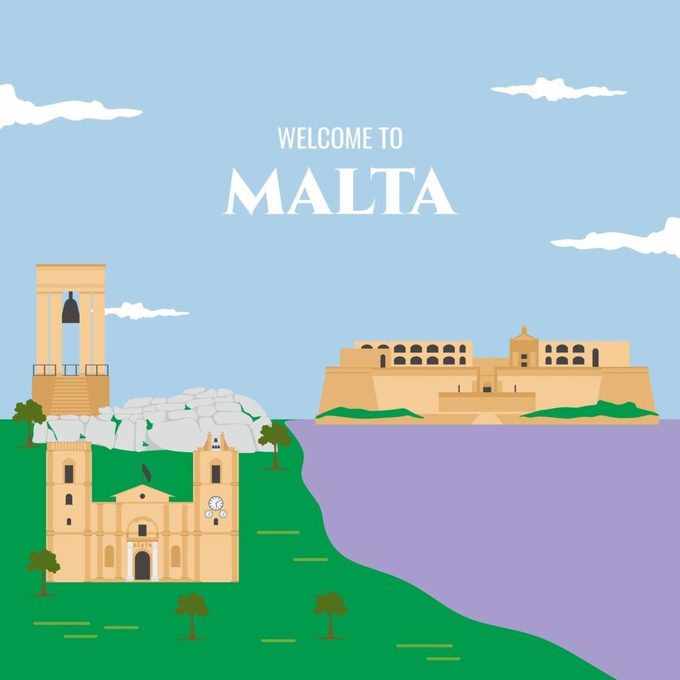 colorido edificio emblemático de malta fondo y letras bienvenido a malta vector