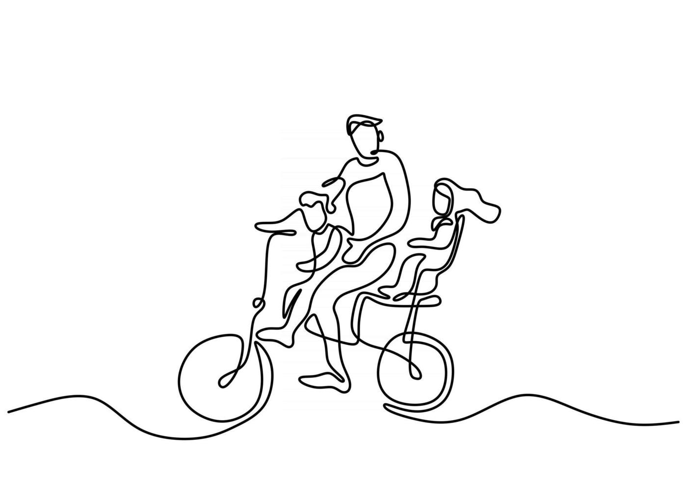Father with his little son and daughter riding bicycles together continuous one line hand drawn art minimalist style vector