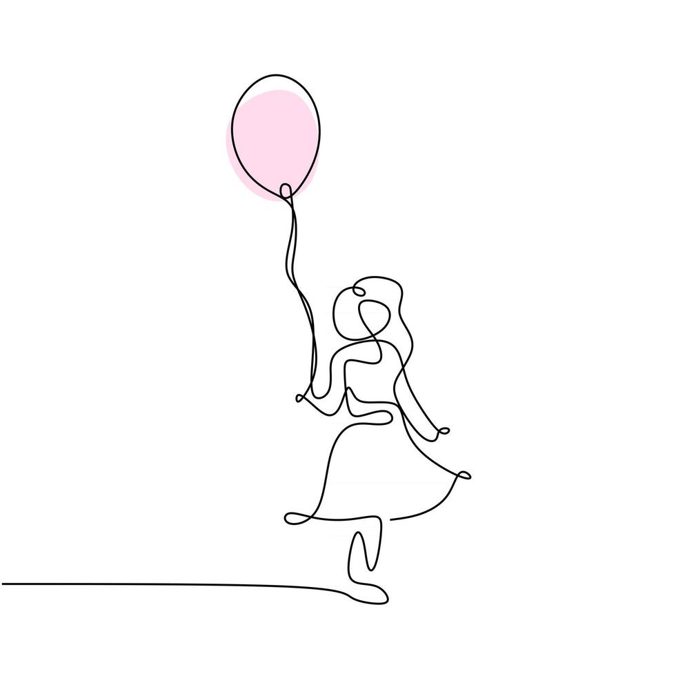 Continuous line of little girl playing pink balloon Single line of woman holding pink balloon isolated on white background vector