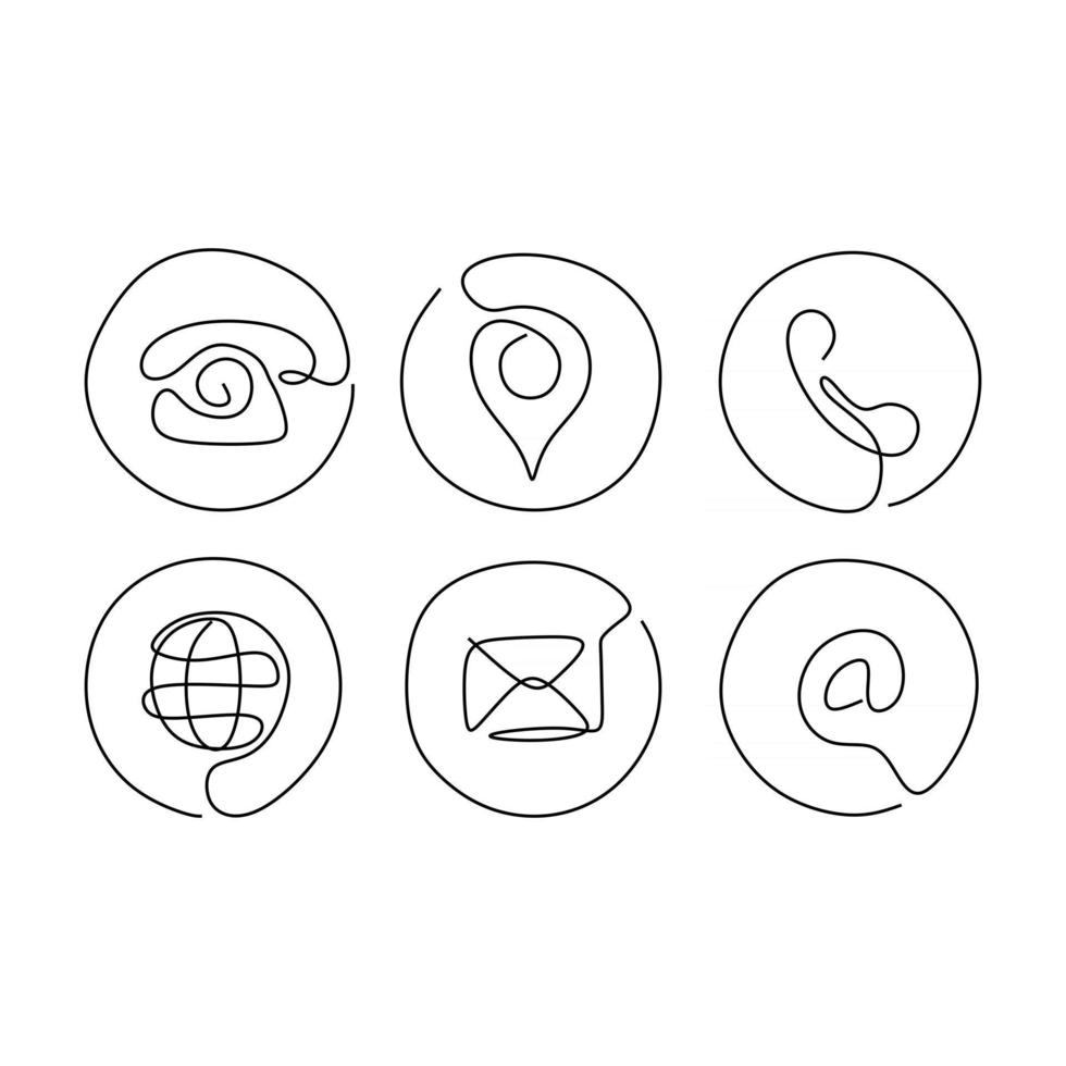 Continuous one line of communication icons Phone map globe mail and at symbol in single line style isolated on white background vector