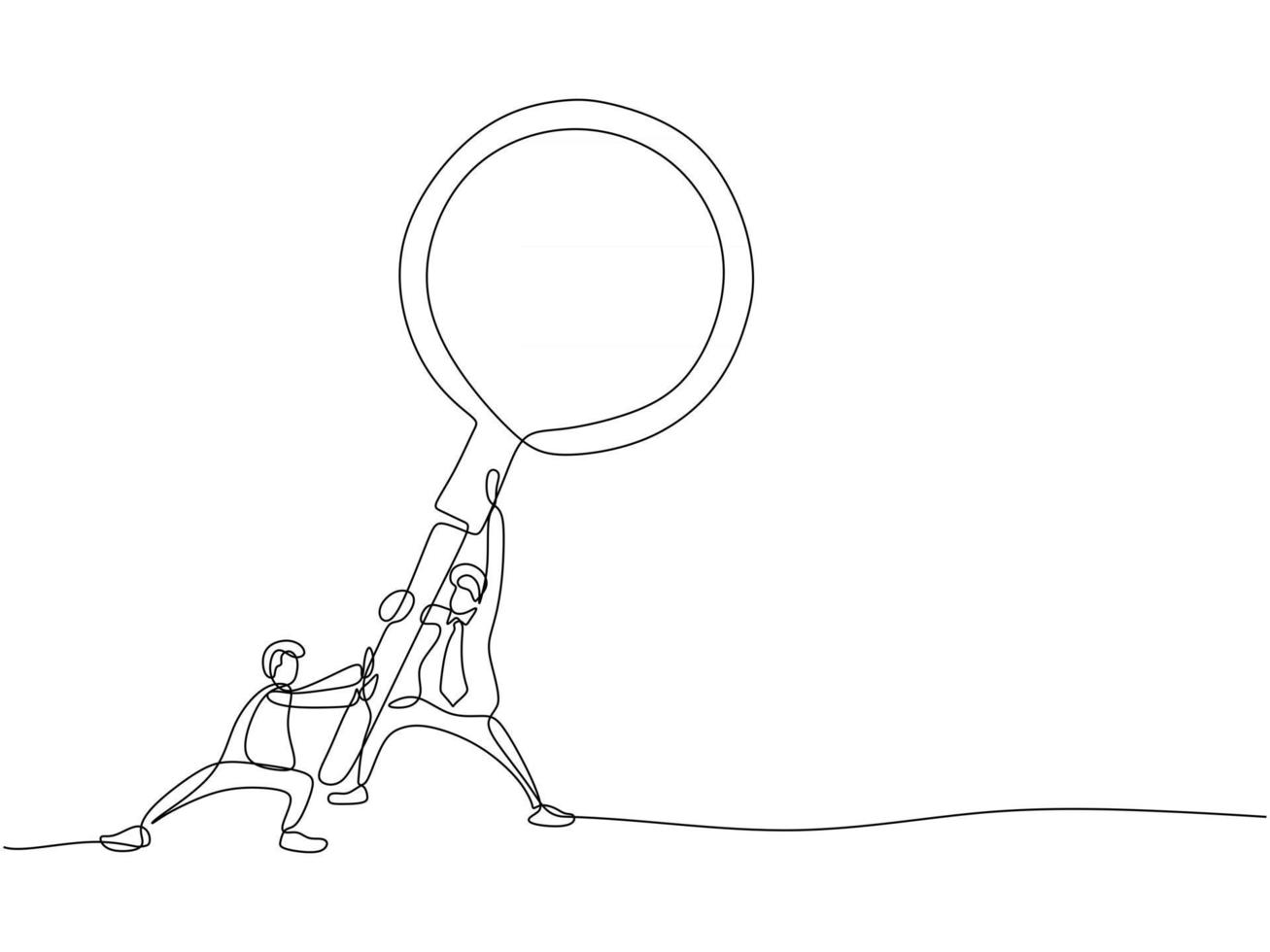 Continuous line of two businessmen bringing big magnifying glass vector