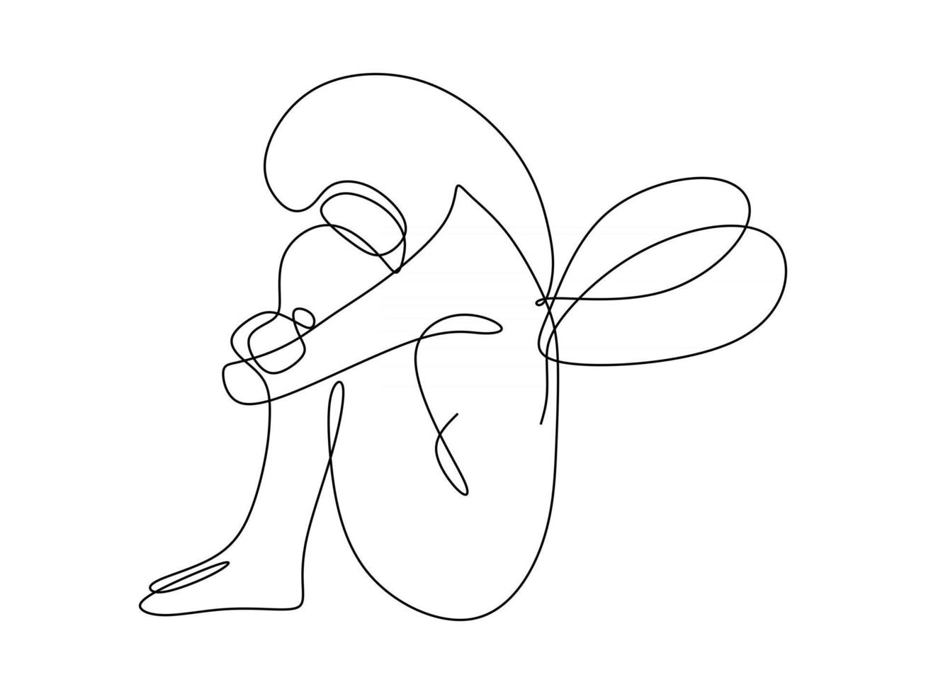 Continuous line of woman little fairy Single line of woman fairy sitting and crying One line of sad fairy isolated on white background vector