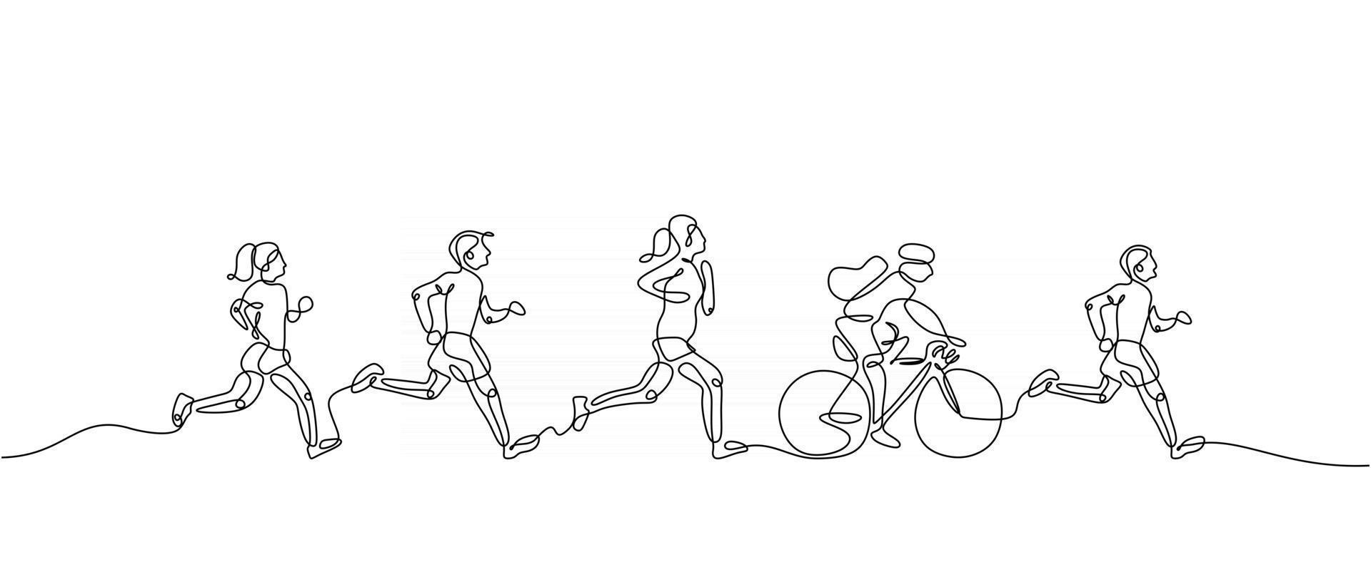 Continuous one line of people doing jogging and cycling vector