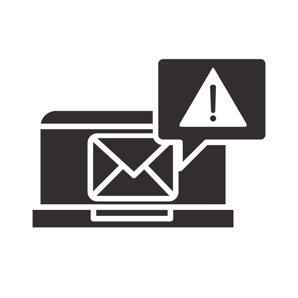 icono de alerta mensaje de correo electrónico portátil advertencia atención peligro signo de exclamación precaución silueta diseño de estilo vector