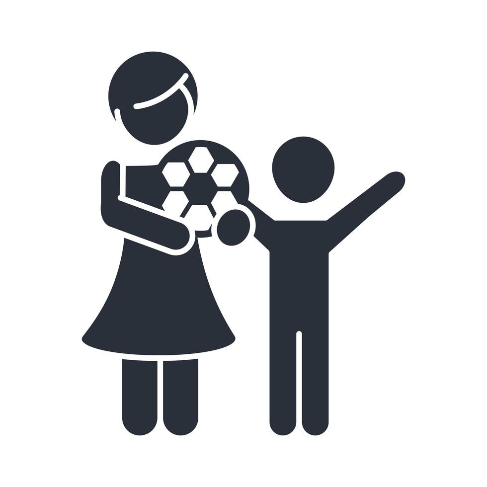 little daughter with soccer ball and boy family day icon in silhouette style vector