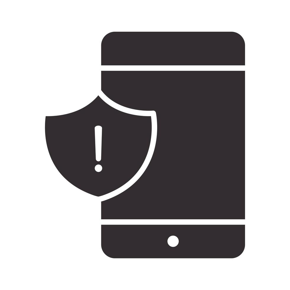 icono de alerta smartphone escudo advertencia atención peligro signo de exclamación precaución silueta diseño de estilo vector