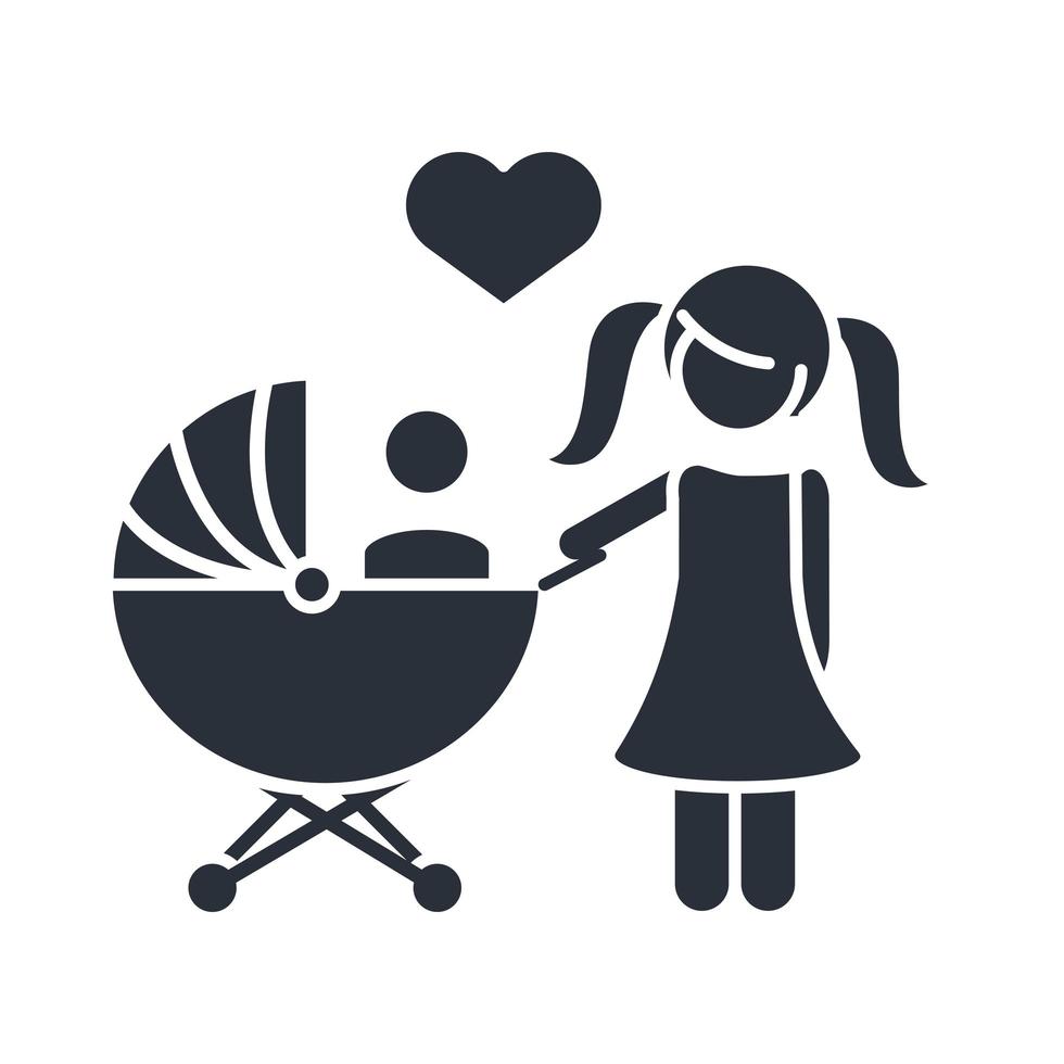 little daughter with baby in pram family day icon in silhouette style vector