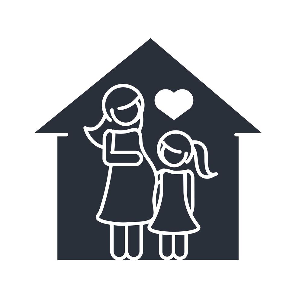 pregnant mother and little daughter in home family day icon in silhouette style vector