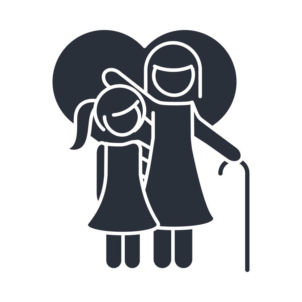 abuela e hija pequeña enamorada icono del día de la familia del corazón en estilo de silueta vector