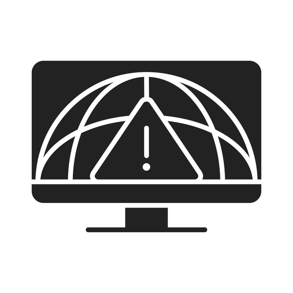 cyber security and information or network protection computer world warning sign silhouette style icon vector