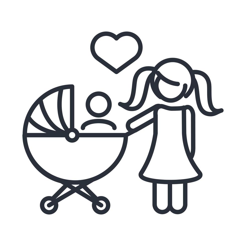 pequeña hija con bebé en cochecito icono del día de la familia en estilo de contorno vector