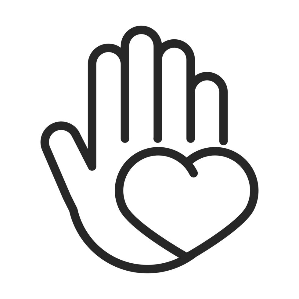 donación, caridad, voluntario, ayuda, social, mano, con, corazón, amor, línea, estilo, icono vector