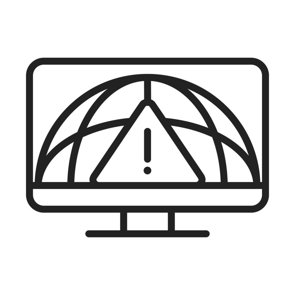 cyber security and information or network protection computer world warning sign line style icon vector