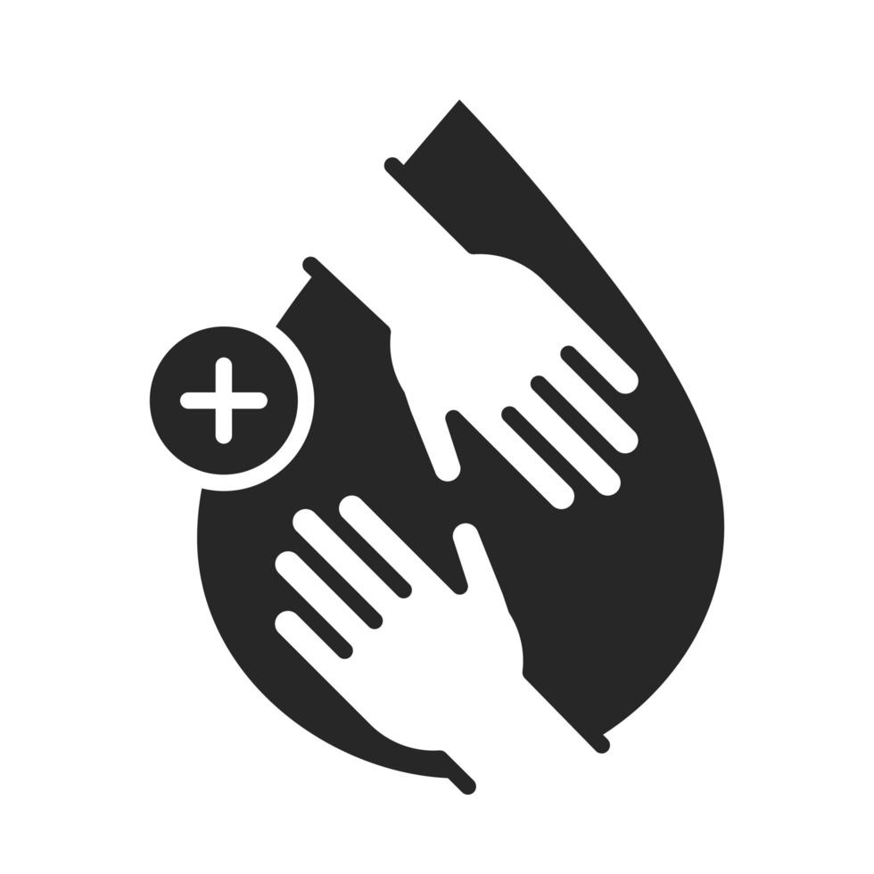 donación caridad voluntario ayuda asistencia social manos gota de sangre silueta estilo icono vector