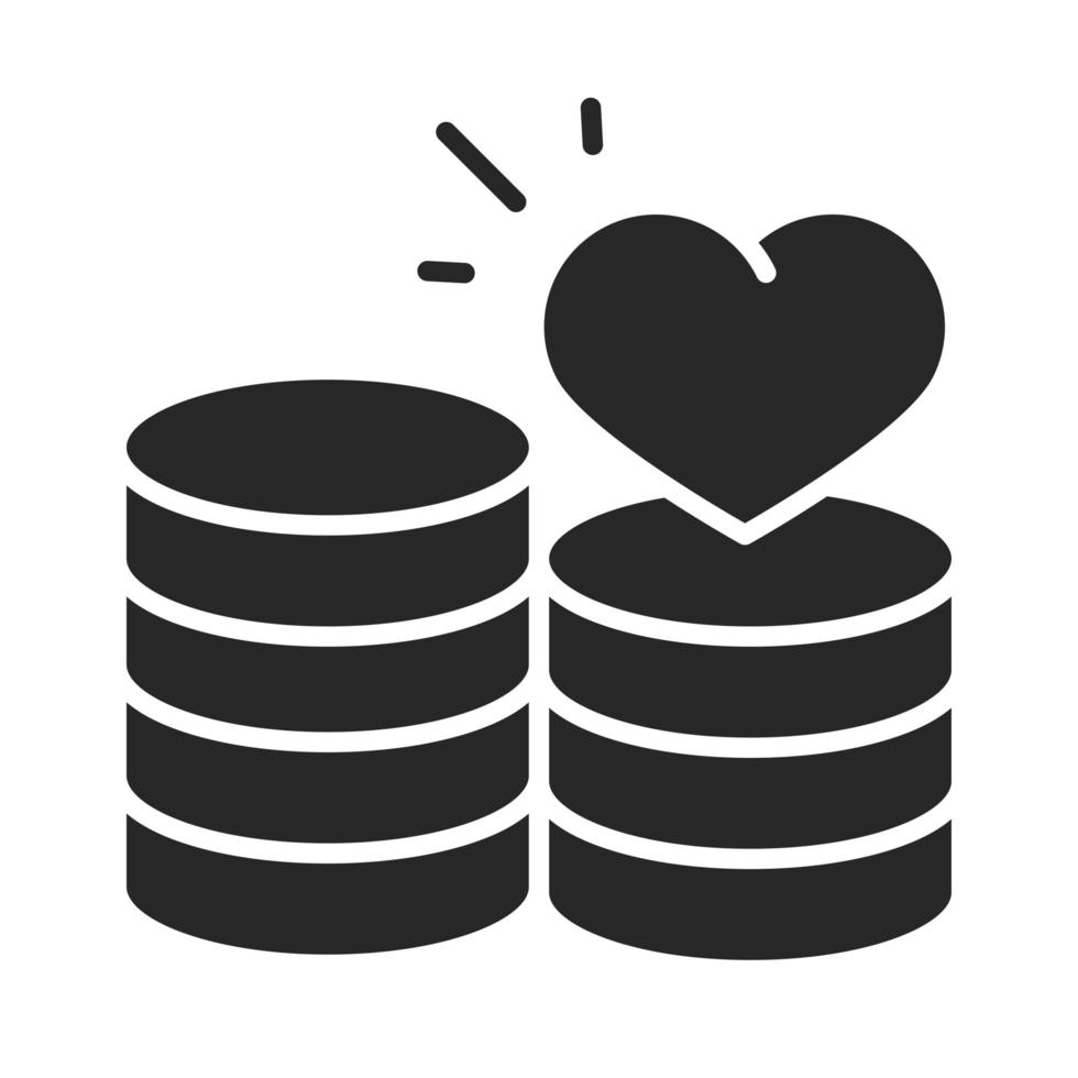 donación caridad voluntario ayuda social pila de monedas dinero amor silueta estilo icono vector